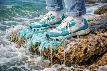 Person Standing on Rocky Shore with Blue Ice Formation Beneath Sneakers Near Ocean Water