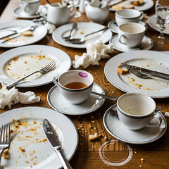Messy table with dirty dishes and utensils after meal