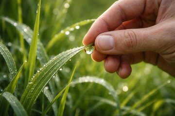 Close-up of a hand gently holding a dewdrop on a green grass blade in a lush morning field