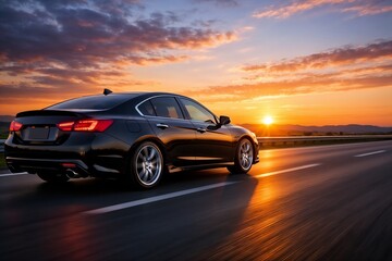 Luxury Black Sedan Car Driving on Highway at Sunset with Scenic Mountain and Sky Background