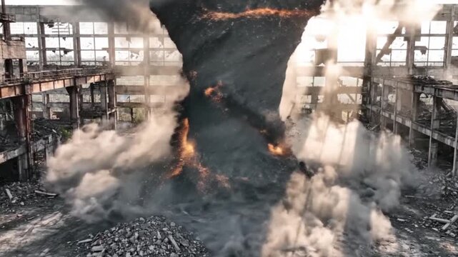 Massive explosion erupts inside abandoned industrial warehouse.
