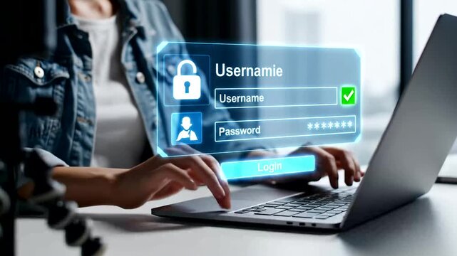 Professional woman logging into a digital system on her laptop using a virtual authentication interface, ensuring data security, privacy, and account protection.