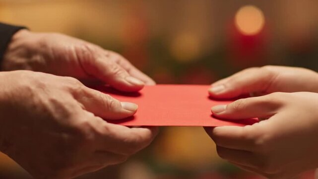 Elderly hands passing a red envelope to youthful hands in a festive setting. Chinese New Year