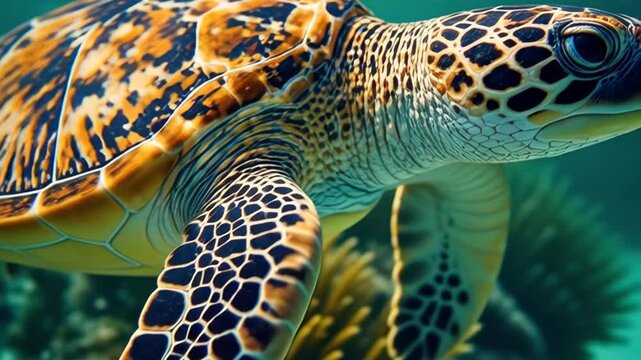 Close-up view of a green sea turtle swimming gracefully in clear blue ocean water.