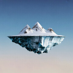 Snowy Island With Peaks Above Calm Blue Water and Mirror Reflection