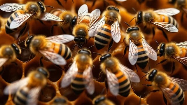 Close-up view of numerous honey bees diligently working on a golden honeycomb, showcasing their intricate hive structure and natural behavior within the colony.