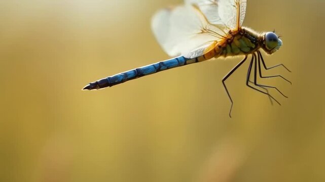 Close-up of a vibrant blue dragonfly with transparent wings hovering against a golden blurred background in nature.