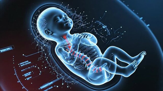Fetus Inside Womb Animation X-Ray Simulation with Veins Red And Blue Color Background for Medical Educational Purposes