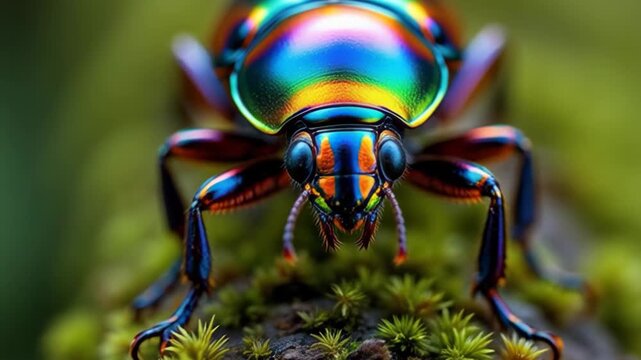 Close-up macro shot of a vibrant iridescent beetle with metallic rainbow colors on a mossy surface.
