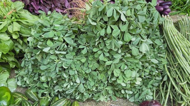 Fresh fenugreek leaves displayed for sale at an Indian market, vibrant green bunches stacked neatly, tender stems and aromatic foliage catching soft daylight.