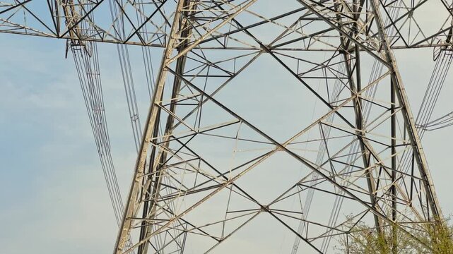 Tilt-up view capturing the full height of a lattice steel transmission tower, from base bracing to crossarms and conductors, against clear sky showing scale and structure