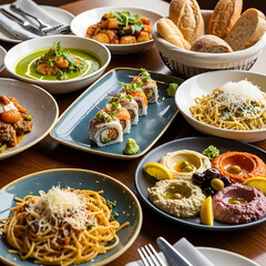 Variety of international dishes on a wooden table setting