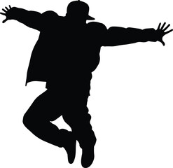 Fototapeta premium Black silhouette of an energetic hip hop dancer jumping with arms wide open, urban street dance character for youth culture (20 words)