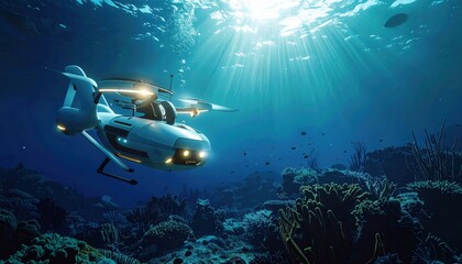 Autonomous underwater drone exploring coral reef for marine science research