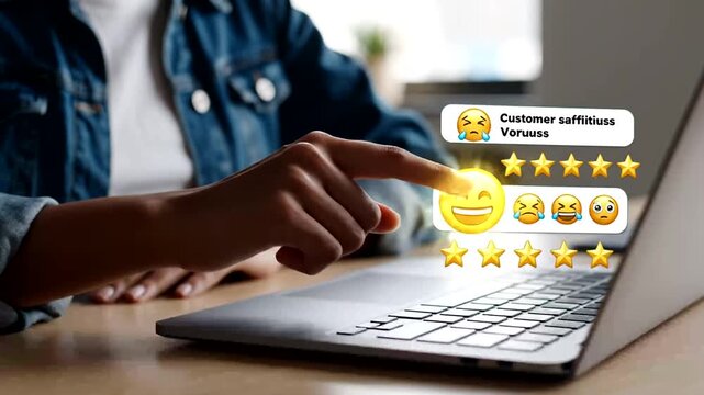 Person giving online feedback and star ratings on laptop for customer satisfaction survey. Digital platform for client experience, service quality improvement, and business reputation management with.