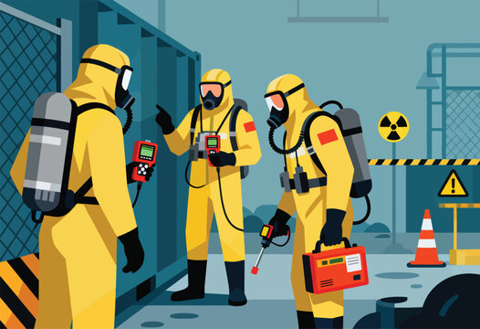Figures in hazmat suits with monitoring equipment in an industrial area