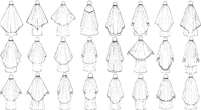 Black and White Line Art Vector Set of Islamic Modest Fashion. Outline Drawings of Various Hijab, Burqa, Niqab, Jilbab, and Abaya Styles for Cultural and Clothing Design Projects