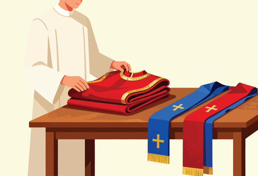 Clergy member folding red vestment with gold trim; stoles on table