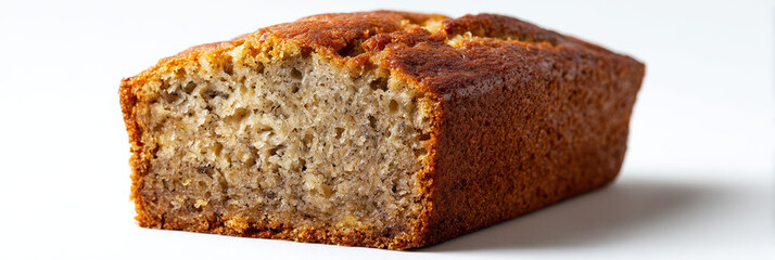 Banana bread slice loaf homemade baked moist golden crumb dessert snack with warm comfort, closeup texture on white background, simple food photography, inviting and delicious detail