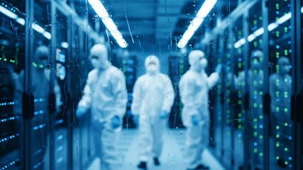 Scientists Working in High Tech Data Center Wearing Hazmat Suits - Powered by Adobe