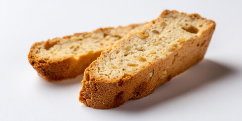 Crispy biscotti almond cookie baked dessert golden crust crunchy texture Italian biscuit sliced snack white background closeup food simple composition, inviting and cozy mood