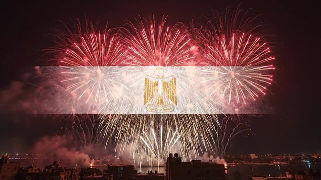 Egypt Flag Fireworks Red White Black Eagle. Patriotic Egyptian National Flag Pyrotechnics Display. Dynamic Eagle of Saladin Fireworks.