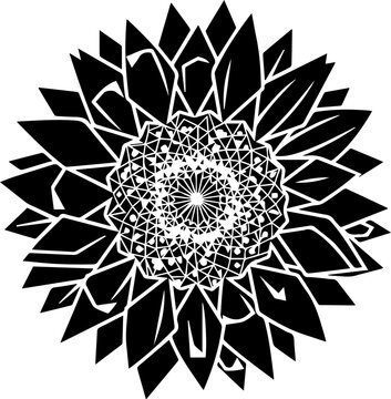 Geometric black and white sun mandala illustration with jagged petals and central pattern