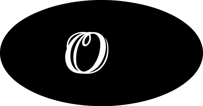Elegant white calligraphic letter O on a dark faceted low poly oval background