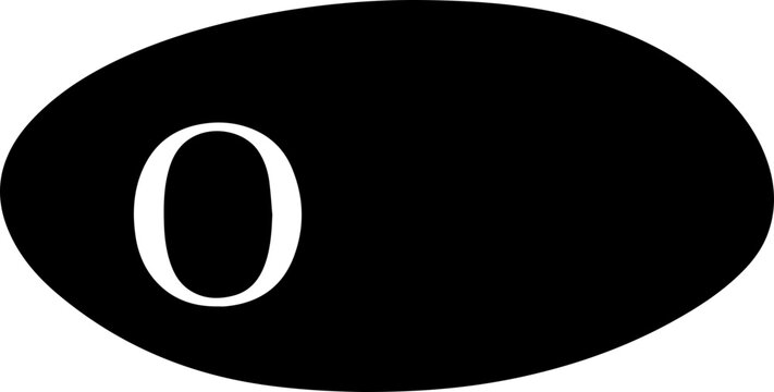 Faceted black low poly oval icon with white letter O on a white background