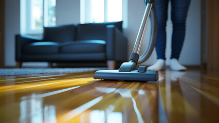 Person vacuuming a shiny wooden floor in a modern living room