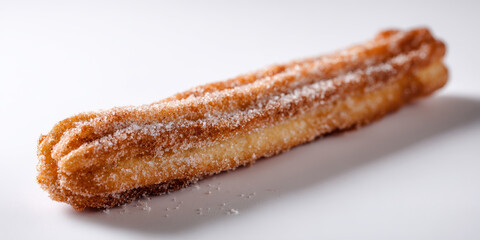 Crispy churro sugar coating golden brown fried dough dessert sweet snack pastry cinnamon sugar close up white background. Tempting and cozy, crunchy outside with tender center, minimal studio food