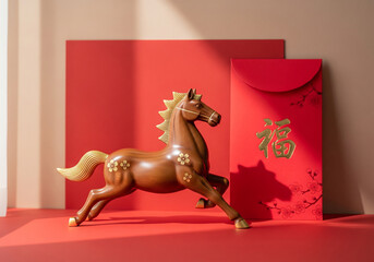 Golden Horse Figurine and Auspicious Red Envelopes Symbolizing Prosperity for Lunar New Year Festivities
