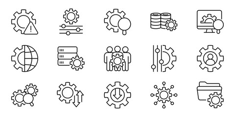 Set of gear icons and related icons symbolizing customization, settings, and workflow management