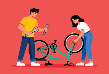 A man and woman work together on a bicycle with tools