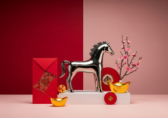 Chinese New Year horse figurine with red envelopes and gold ingots