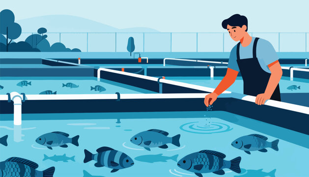 A person feeding fish in a large aquaculture pond with surrounding trees and sky