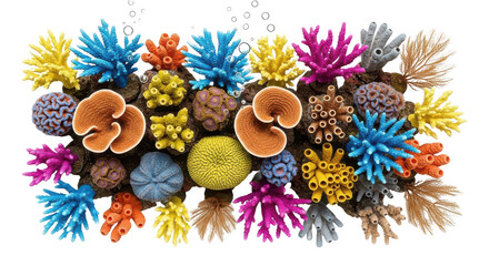 Colorful coral reef with a variety of sea creatures. isolated illustration transparent background