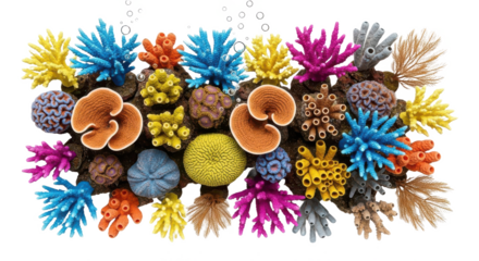 Colorful coral reef with a variety of sea creatures. isolated illustration transparent background