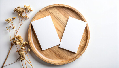 Blank Business Card Mockup on Wooden Plate Flat Lay