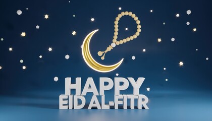 Naklejka premium Modern 3D crescent moon and prayer beads with Happy Eid al-Fitr text on night sky