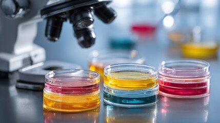 A picture of biopharmaceutical research and development, with neatly arranged petri dishes at the bottom, containing biopharmaceuticals of different colors, and a microscope and pipette above	