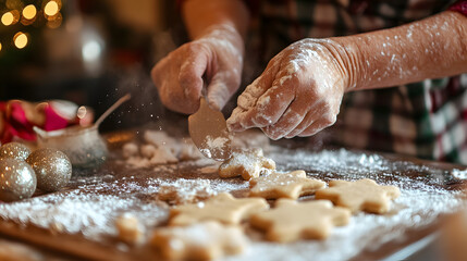A person baking Christmas cookies in a festive kitchen with flour and decorations