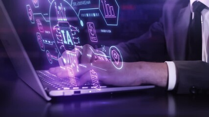 Businessman using laptop creating advanced AI data interface - Powered by Adobe