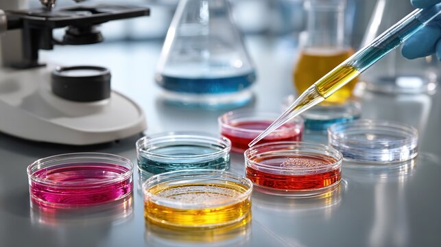 A picture of biopharmaceutical research and development, with neatly arranged petri dishes at the bottom, containing biopharmaceuticals of different colors, and a microscope and pipette above	