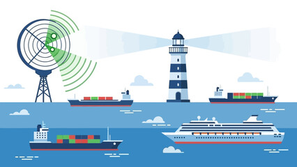 Maritime illustration of cargo ships sailing near a lighthouse with a radar system against a white sky with clouds. © Excel