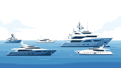 Illustration of several luxury yachts and boats floating on calm blue waters in a serene maritime scene with a clear sky and soft clouds. © Excel
