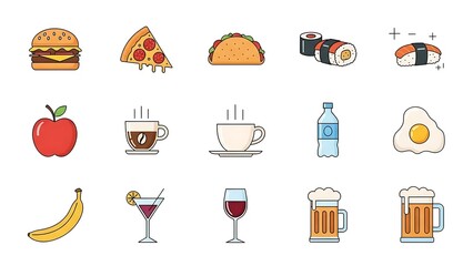 Assorted Food and Drink Icons Set.