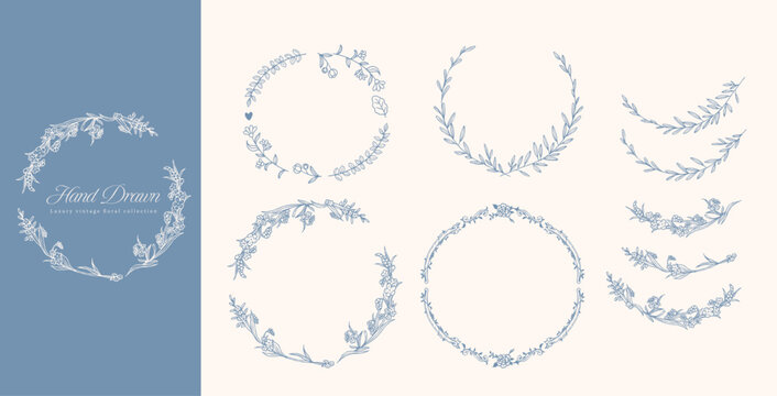 Luxury vintage floral collection of hand drawn botanical wreaths and decorative frames for elegant wedding invitations