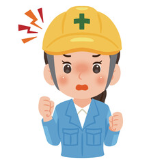 作業服を着てヘルメットを被った怒る女性　上半身イラスト／Angry woman wearing work clothes and a safety helmet, upper body illustration