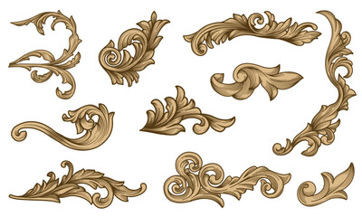Set of golden ornate decorative ornament isolated vector illustration. Vintage Victorian baroque filigree engraved ornamental collection